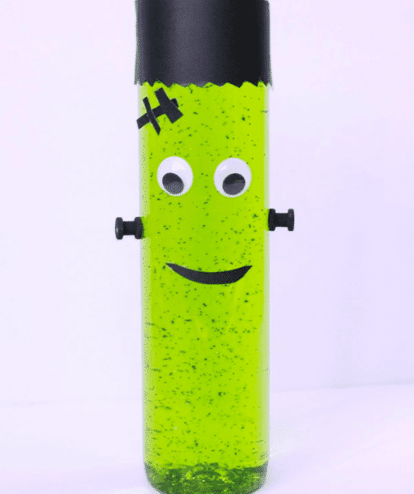 This Frankenstein sensory bottle will thrill kids for hours. The peace and quiet will be amazing, but more awesome is that everything needed to put this green guy together (glitter, corn syrup, food coloring, construction paper, glue, an empty plastic bottle) is probably already in the house. 