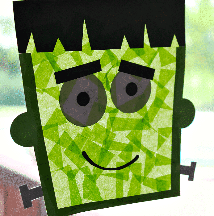 Kids will love adding tissue paper to sticky contact paper to create this playful Frankenstein sun catcher that can great guests in the window all season long. 