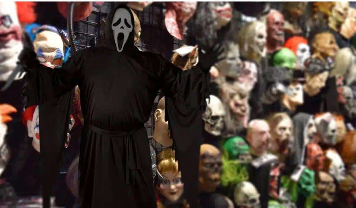 Halloween mask costumes display at a store