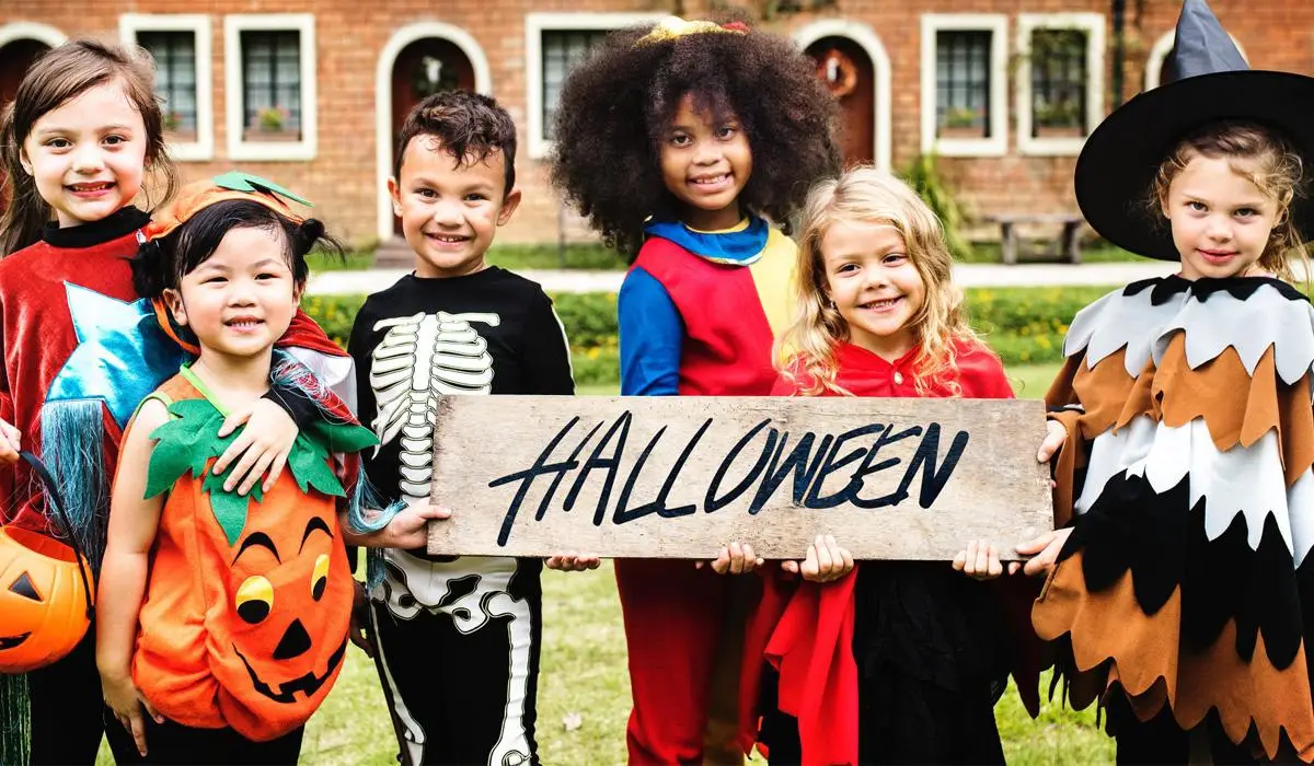 A group of kids wearing Halloween costumes.