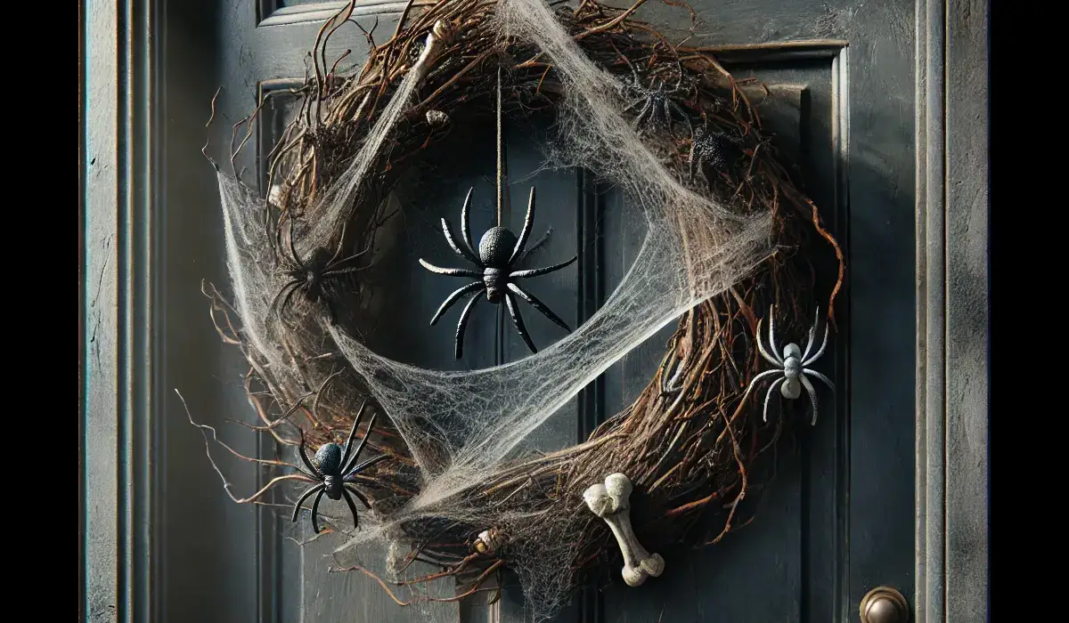 Dark door adorned with a spider Halloween wreath, complete with webbing, spiders, and bone accents.