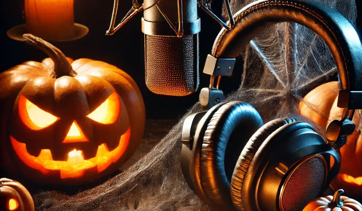 Glowing jack-o'-lantern and headphones set the scene for spooky Halloween podcasts recorded in eerie ambiance.