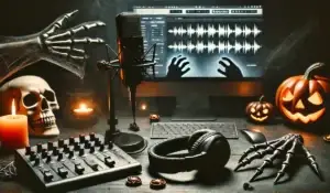 Recording studio setup with Halloween decor, featuring spooky sound effects, skeleton props, and jack-o'-lanterns.