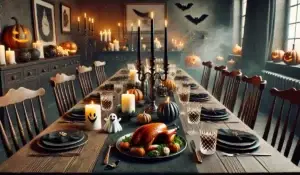 Elegant spooky dinner party table setting with candles, pumpkins, and themed decor for a Halloween celebration.