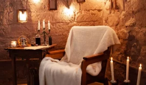 Vintage horror-themed room with stone walls, candlelit table, decorative skull, and antique chair covered in a white throw blanket